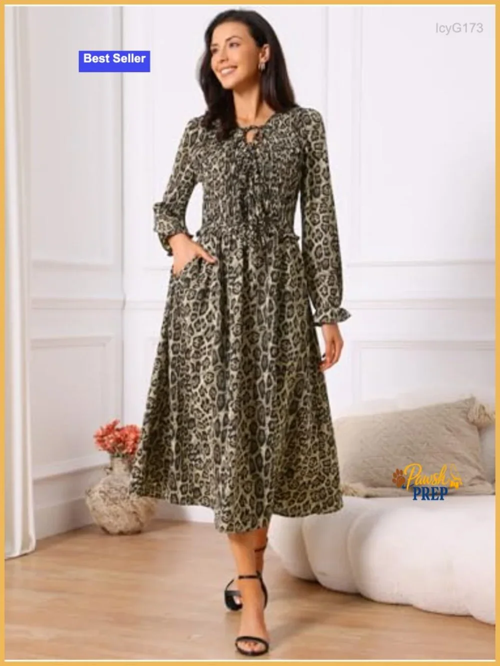 Long Sleeve Tie Neck A-Line Leopard Print Flowy Midi Dress with Pockets